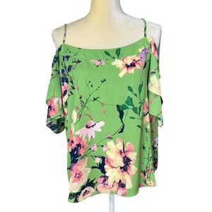 Green Floral Cold-Shoulder Blouse with Spaghetti Straps